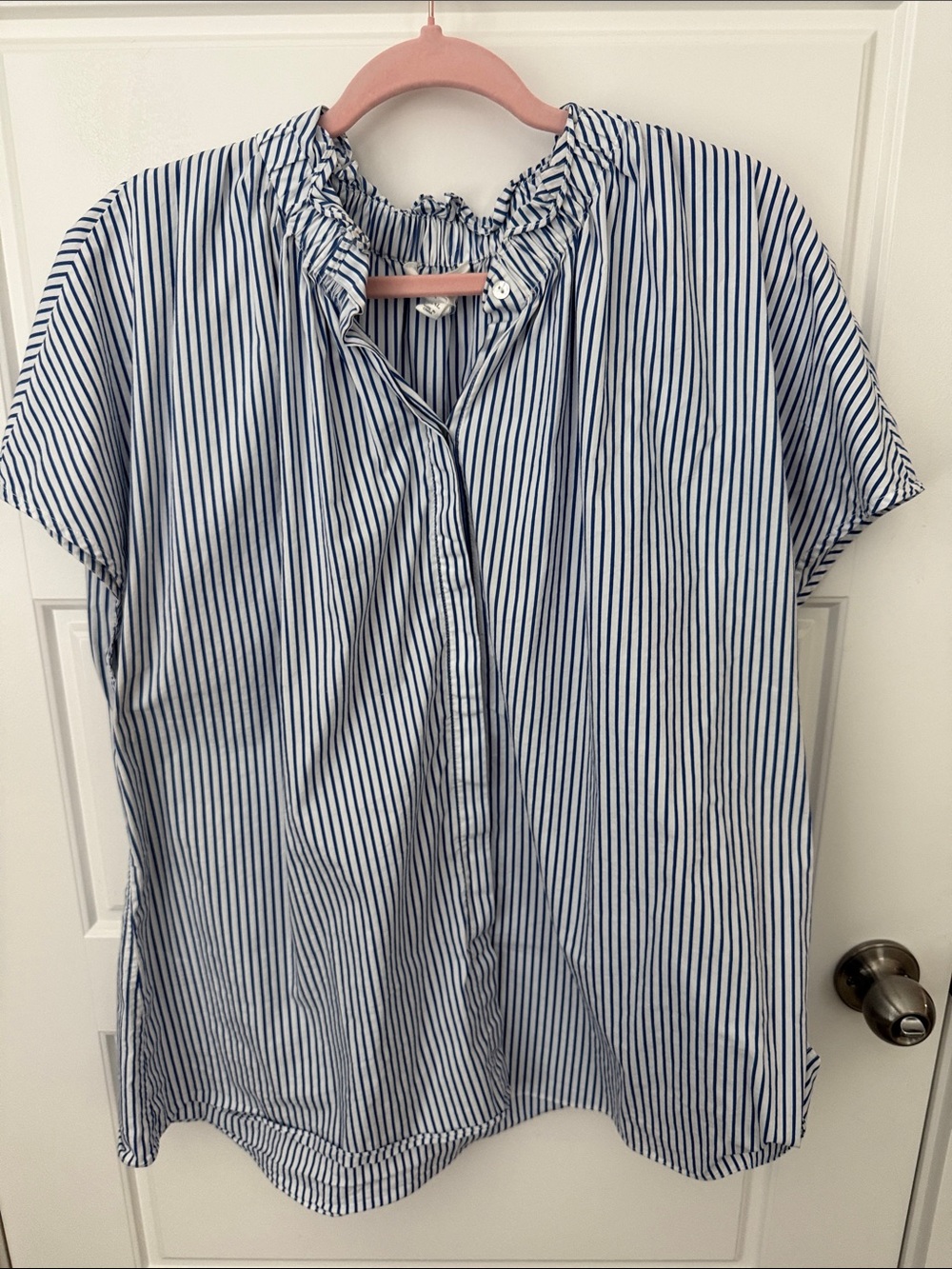 Blue and White Striped Women’s Ruffle-Neck Top- Tuckernuck